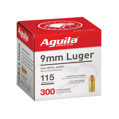 Box of Aguila ammunition for 9mm Luger, 115 grain full metal jacket bullets, containing 300 cartridges.