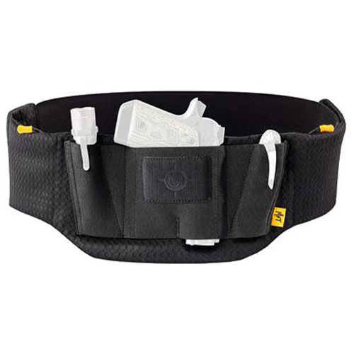 A black waist pack with a yellow tab, featuring compartments holding a water bottle, a light-colored item, and other small tools.