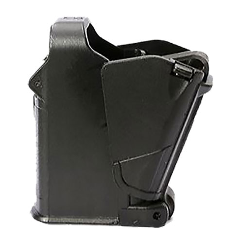 Black plastic magazine loader designed for quickly and efficiently loading bullets into a firearm magazine.