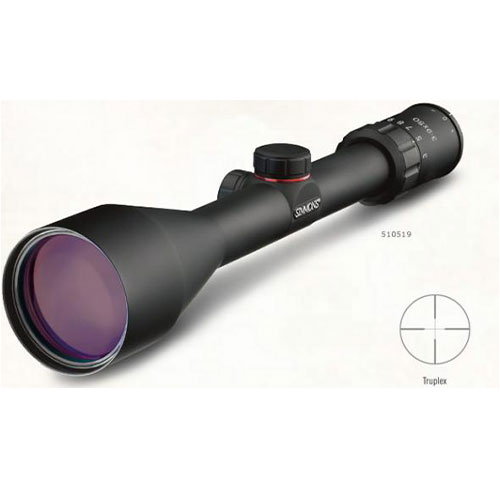 Black rifle scope with adjustment dials, a red-ringed cap, and Truplex reticle.