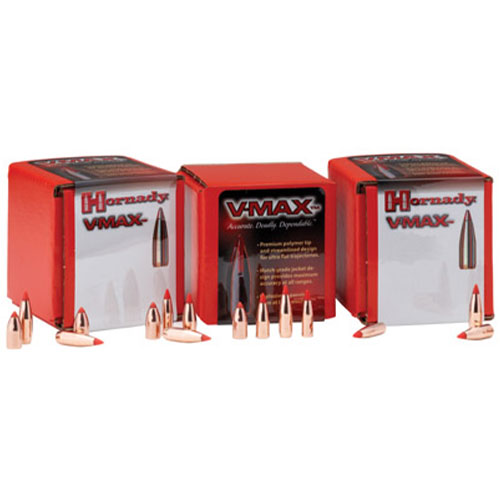 Three boxes of Hornady V-MAX bullets are displayed with several individual bullets placed around the boxes.