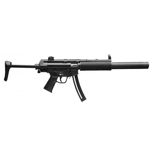 A black submachine gun with an extended stock and attached suppressor, shown from the side on a white background.