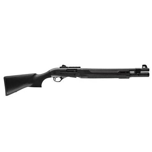 A black shotgun with a pistol grip and a short barrel, viewed from the side against a white background.